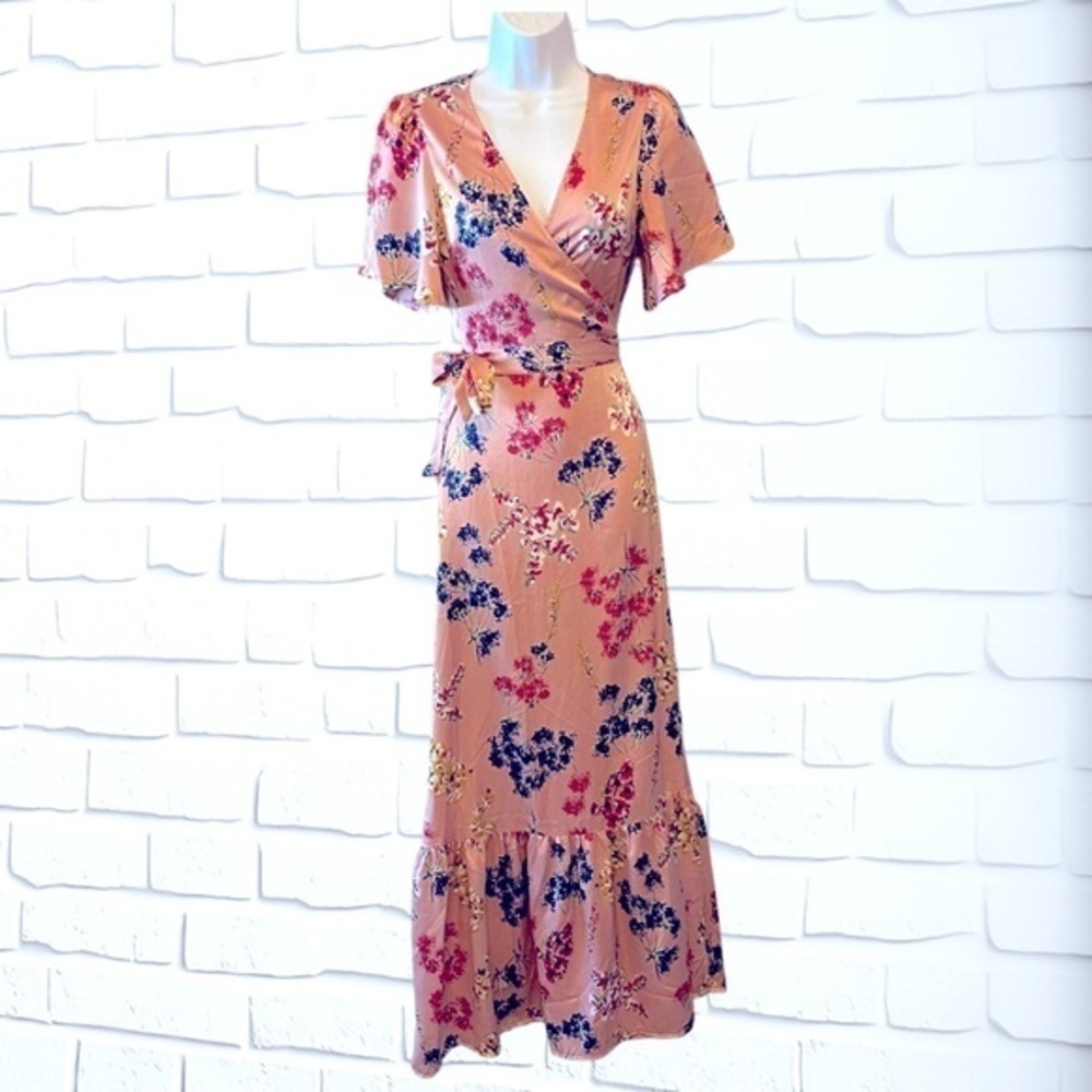 Lulus Mystic Mondays Pink Floral Print Wrap Maxi Dress, Short Sleeves size XS/S - Picture 2 of 15